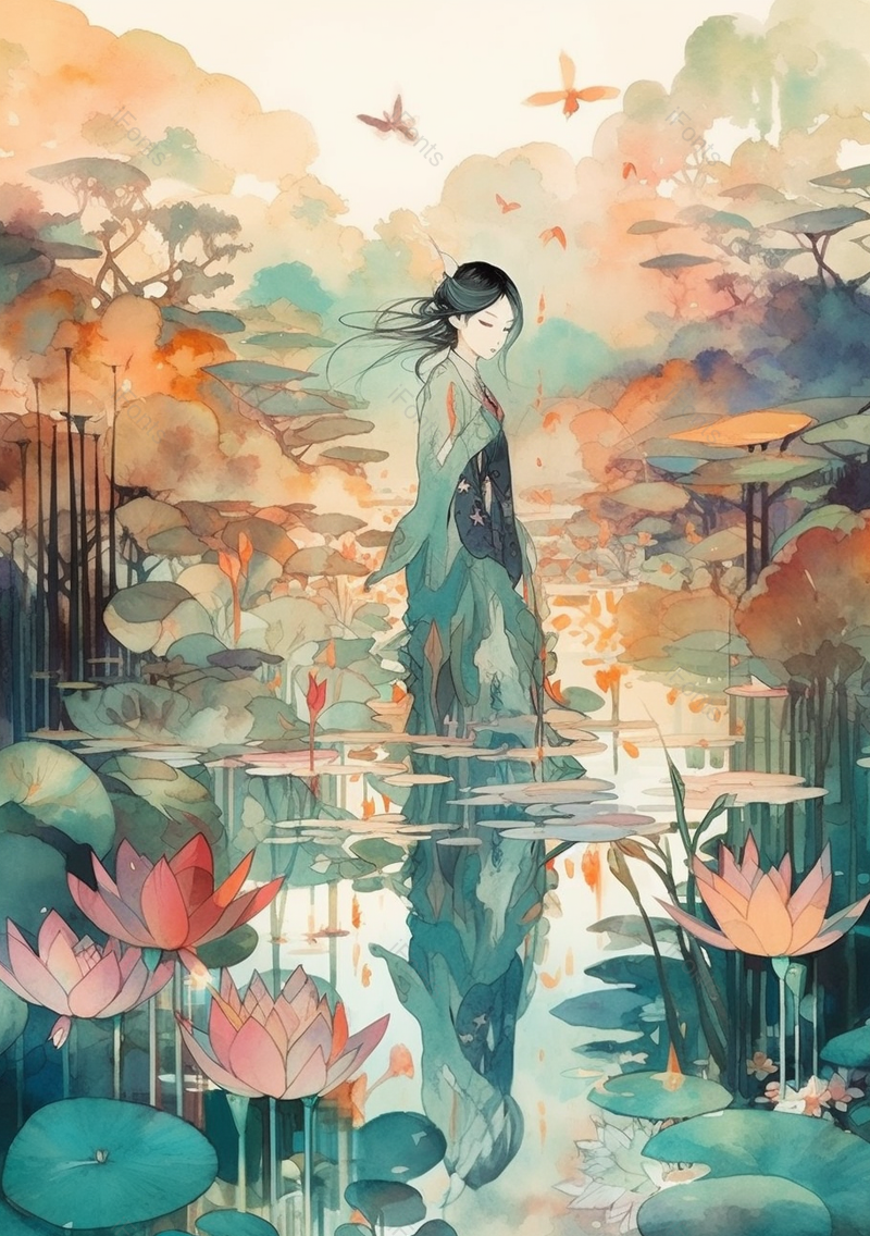 水墨古风荷花水塘里站立的美女手绘背景,插画/手绘图,插画/手绘图库,插画/手绘图下载,插画/手绘